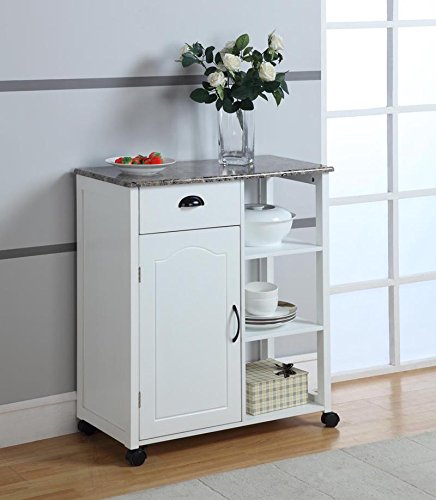 8. Kings Brand White Finish Wood & Marble Vinyl Top Kitchen Storage Cabinet Cart